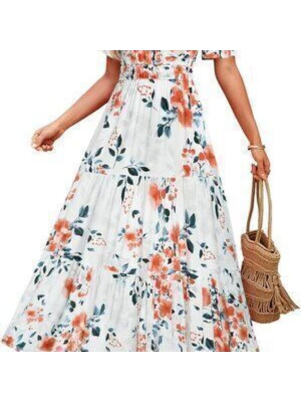 Women's 2025 Summer Casual Floral Print Short Sleeve V Neck High Waist A Line Ti